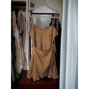 Mini Dress - Overlap Tie Dress with Ruffles - Light Coffee -Polka Dot